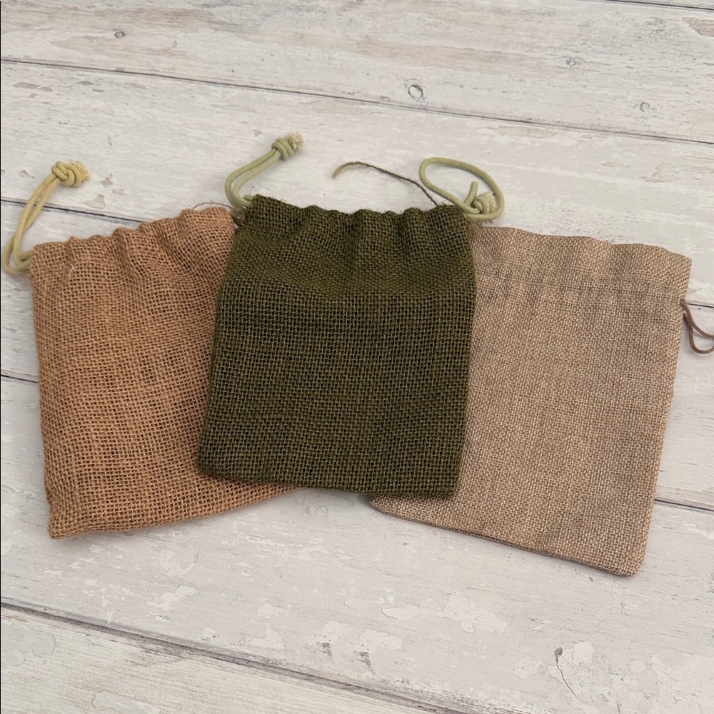 Set of 3 Burlap Drawstring Pouches - Olive Green & Natural Tan
